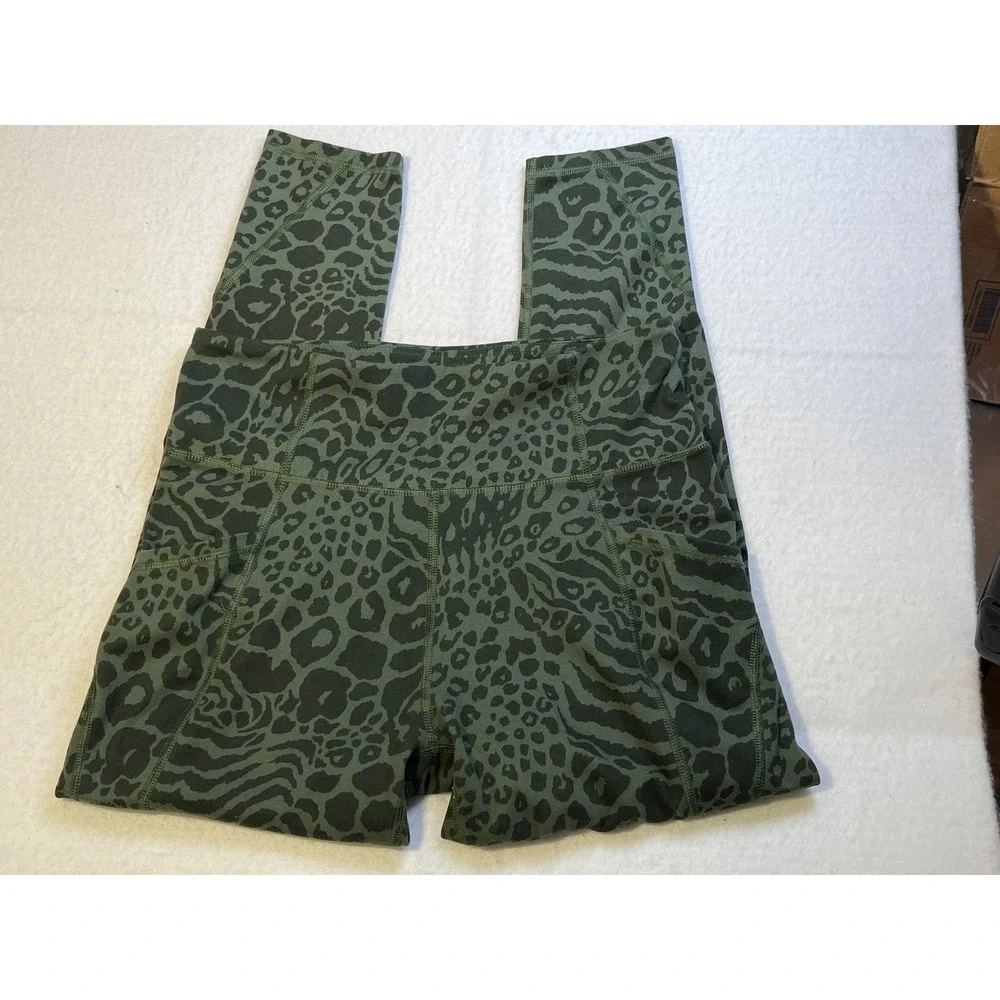 Freely Womens XL Leggings Olive Green Animal Print High Waist Pockets Athletic